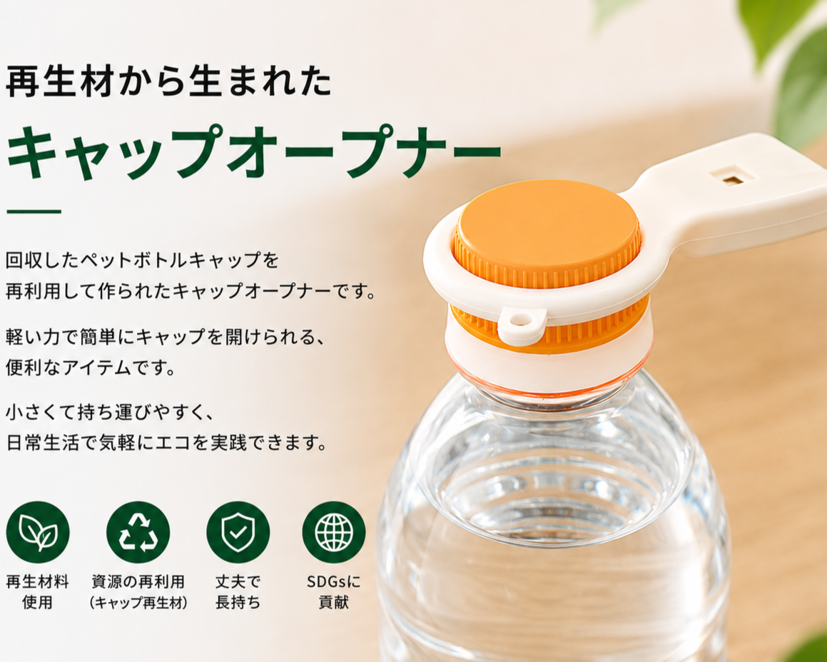 再生プラスチック原料を使用したキャップオープナー
